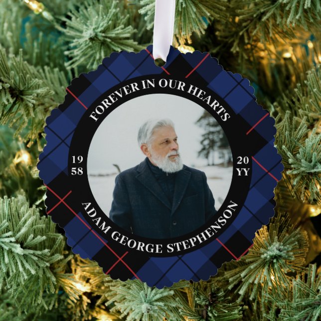 Navy Blue Plaid Forever In Our Hearts Photo Ornament Card (Insitu (Tree))