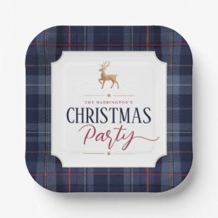 Navy Blue Plaid Gold Reindeer Christmas Party Paper Plates
