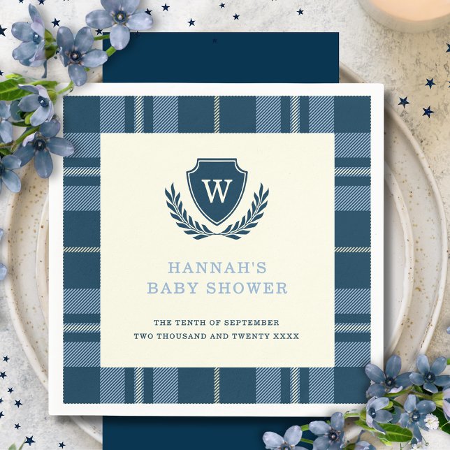 Navy Blue Plaid Monogram Boy's Baby Shower Napkins (Creator Uploaded)