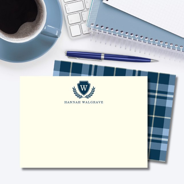 Navy Blue Plaid Monogram Correspondence  Note Card (Creator Uploaded)