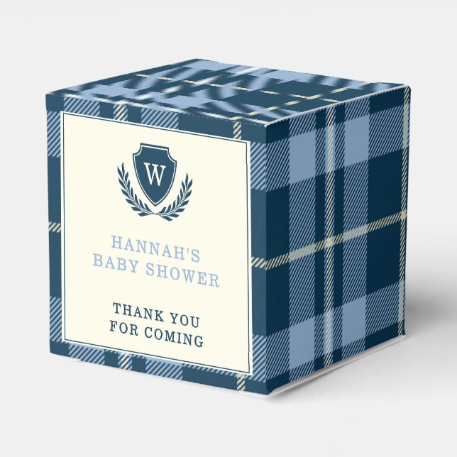 Navy Blue Plaid Monogram Thank You Baby Shower Favor Boxes (Back Side)
