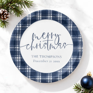 Navy Blue Plaid Name Date Merry Christmas Paper Plates