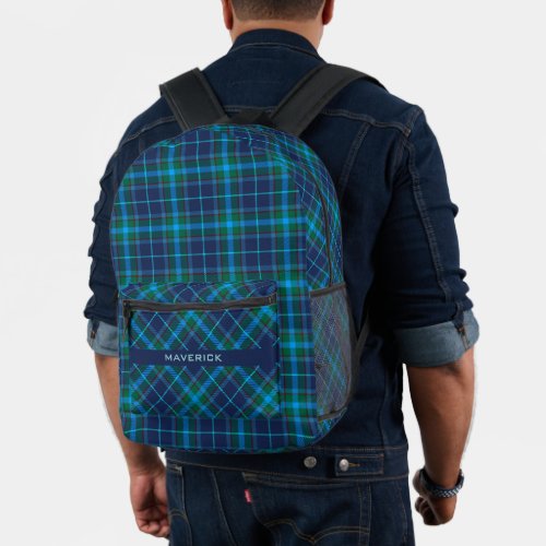 Navy Blue Plaid Pattern Chic Name Modern Masculine Printed Backpack