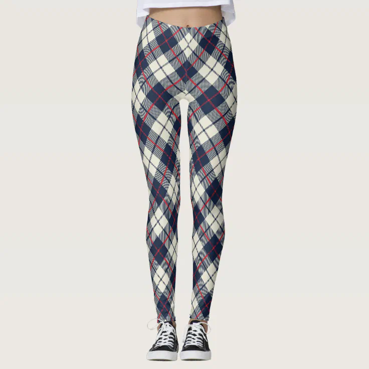 Navy Blue Plaid Pattern Leggings | Zazzle