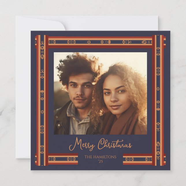 Navy Blue Plaid Ribbon Border Christmas Card (Front)