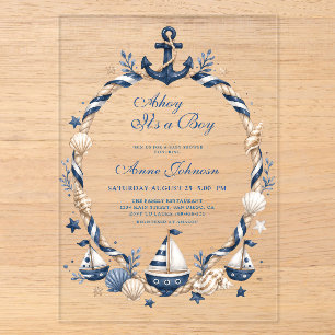 Navy Blue Plaid Sailboat Ahoy Boy Baby Shower Acrylic Invitations