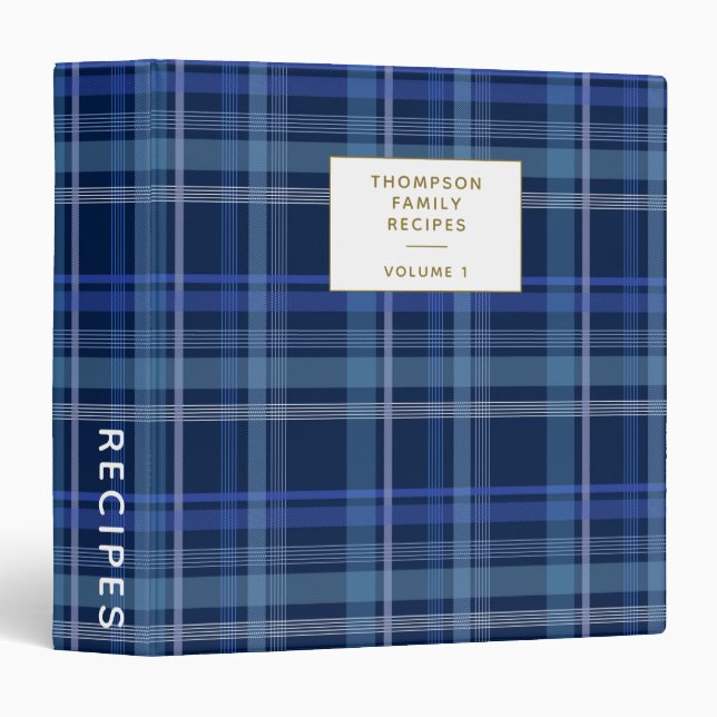 Navy Blue Plaid Tartan Cute Retro Custom Recipe 3 Ring Binder (Front/Spine)
