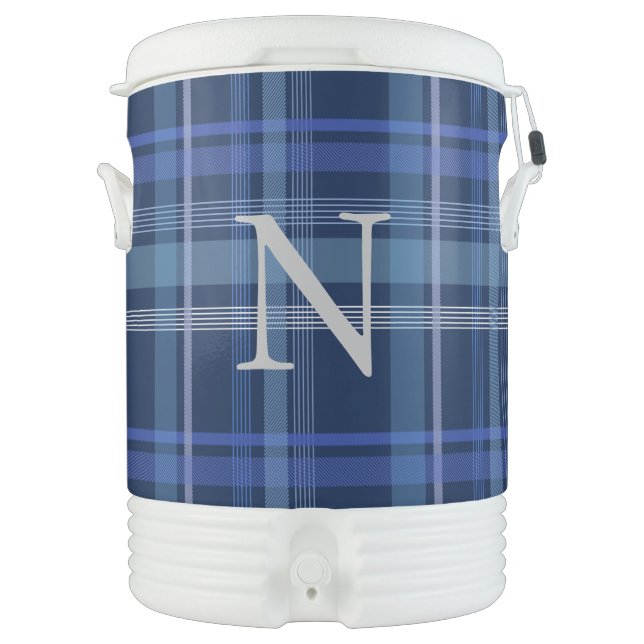 Navy Blue Plaid Tartan Cute Retro Monogram Beverage Cooler (Front)