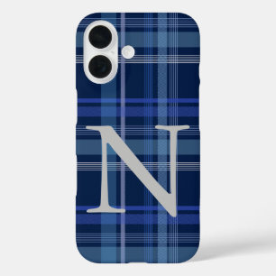 Navy Blue Plaid Tartan Cute Retro Monogram iPhone 16 Case