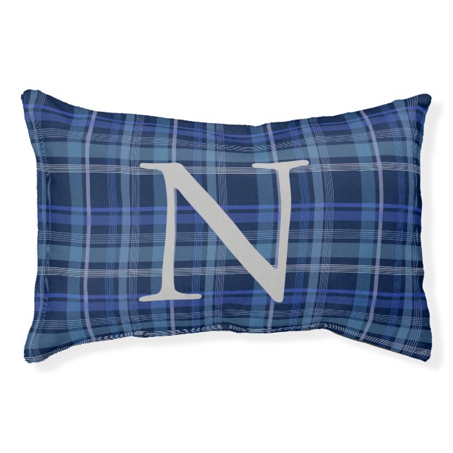 Navy Blue Plaid Tartan Cute Retro Monogram Pet Bed (Front)
