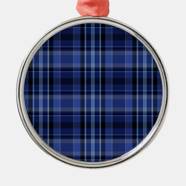 Navy Blue Plaid Tartan Metal Ornament (Front)