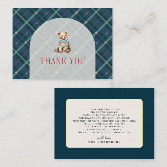 Navy Blue Plaid Teddy Bear Baby Shower Thank You Note Card (Front/Back)