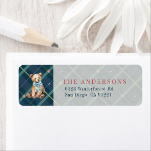 Navy Blue Plaid Teddy Bear Bow Return Address Label