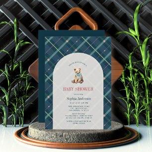 Navy Blue Plaid Teddy Bear Boy Baby Shower Invitation