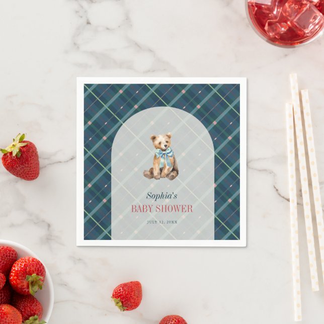 Navy Blue Plaid Teddy Bear Boy Baby Shower Napkins (Insitu)