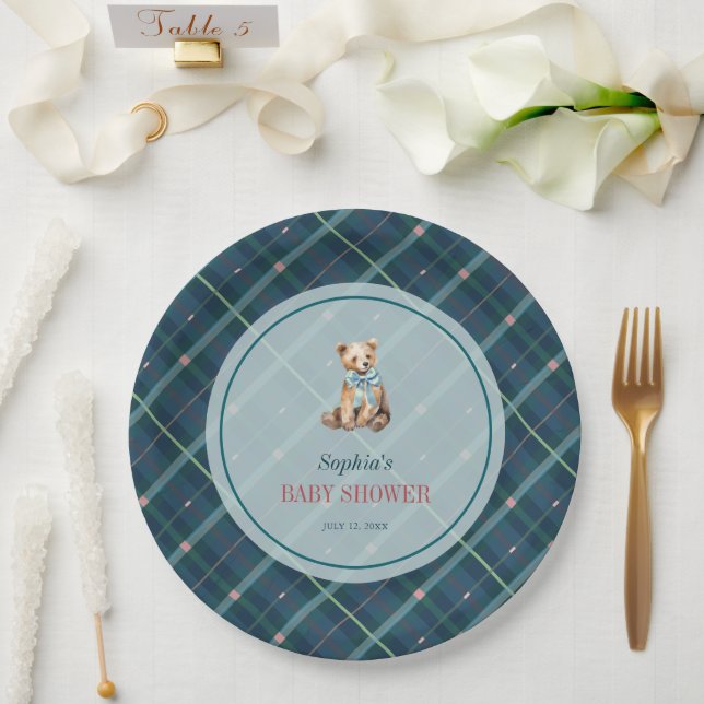 Navy Blue Plaid Teddy Bear Boy Baby Shower Paper Plates (Wedding)