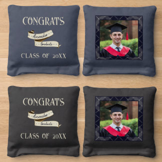 Navy Blue Plaid Vintage Banner Add Name Graduation Cornhole Bags