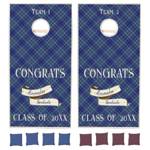 Navy Blue Plaid Vintage Banner Add Name Graduation Cornhole Set