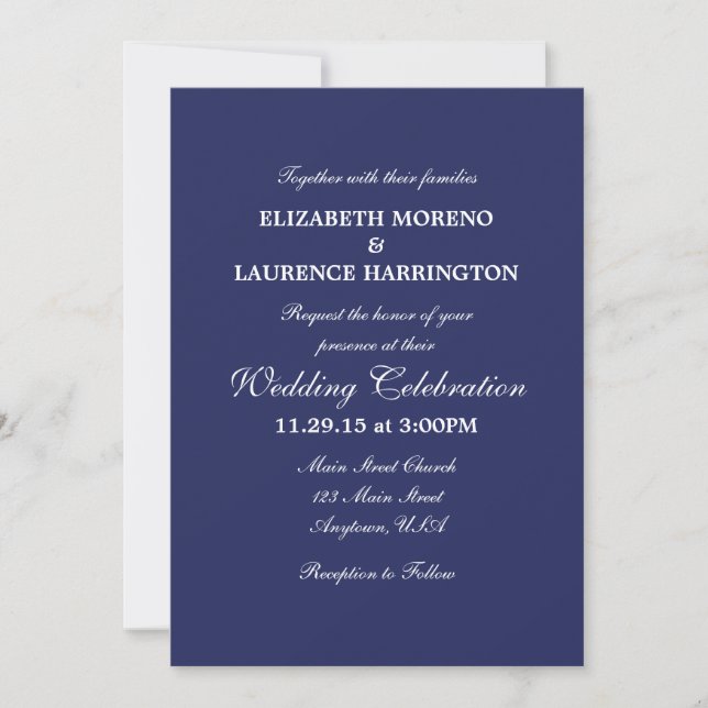 Navy Blue Plain Simple Wedding Invitation (Front)
