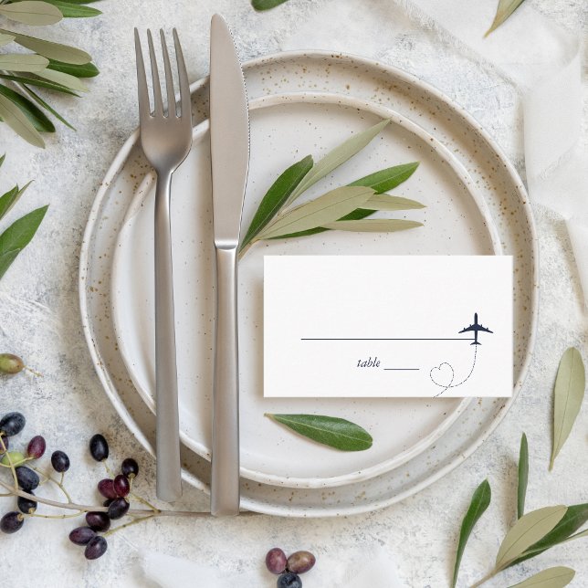 Navy Blue Plane Heart Travel Destination Wedding Place Card (Creator Uploaded)