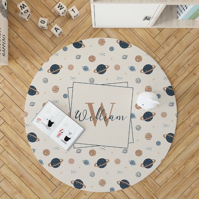 Navy Blue Planets Outer Space Pattern Kids Area Rug (Creator Uploaded)