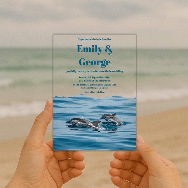 Navy Blue Playful Dolphins Beach Coastal Wedding Acrylic Invitations (Creator Uploaded)