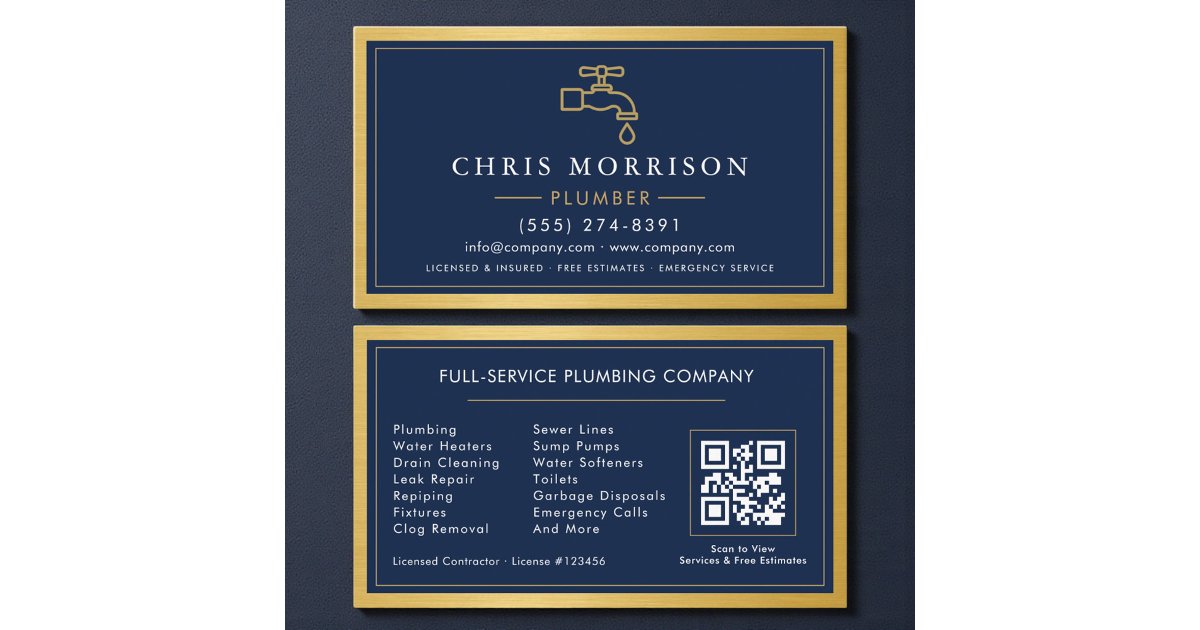 Navy Blue Plumber Contractor QR Code Gold Metallic Business Card | Zazzle