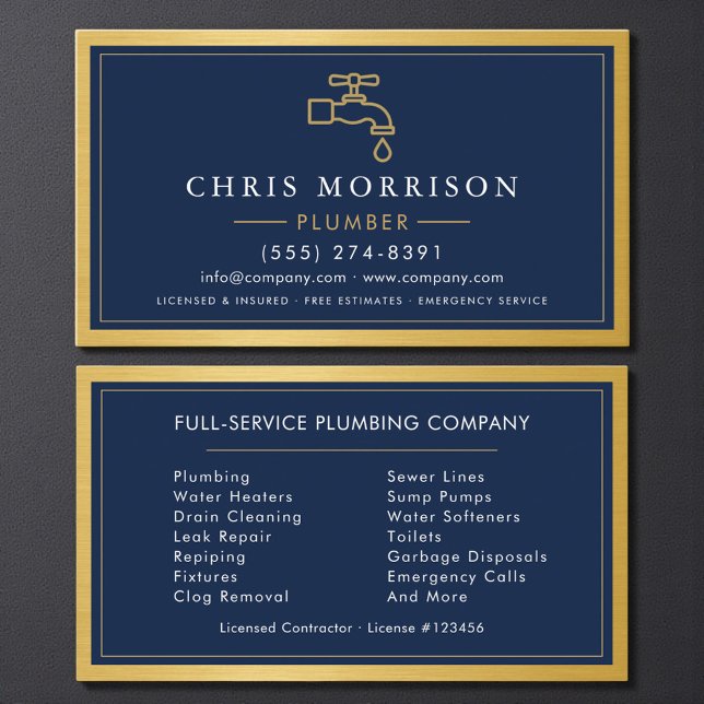 Navy Blue Plumber Plumbing Company Gold Metallic Business Card (Creator Uploaded)