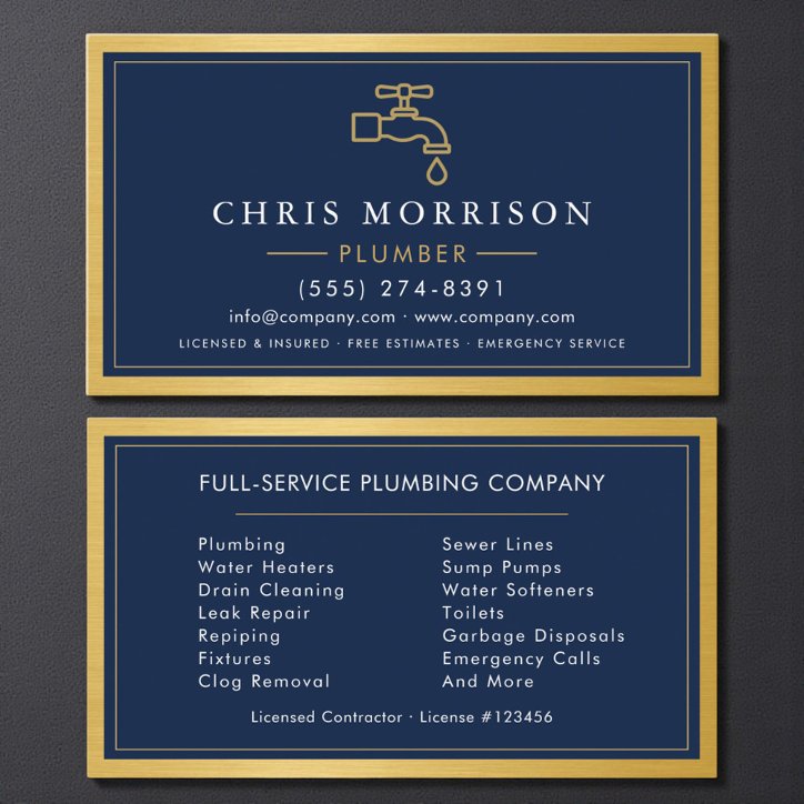 Navy Blue Plumber Plumbing Company Gold Metallic Business Card
