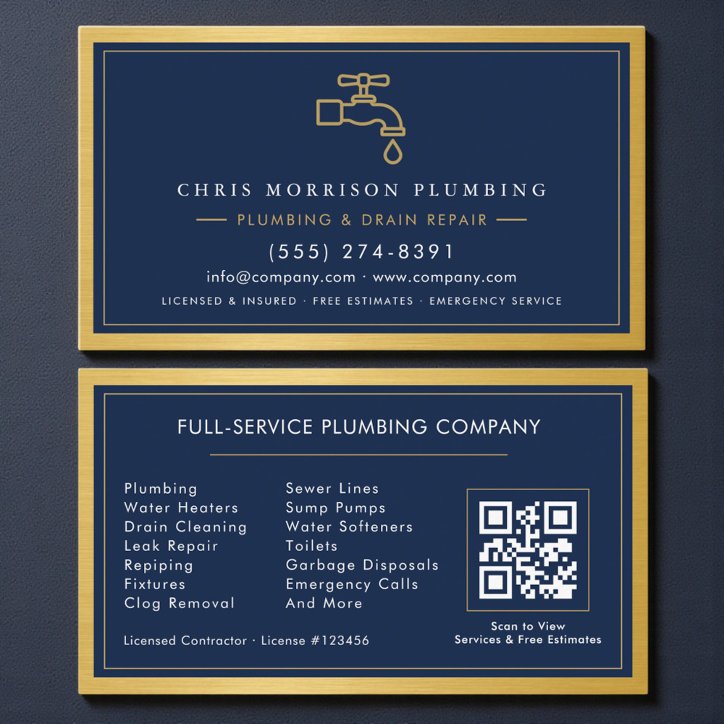 Navy Blue Plumbing Company QR Code Gold Metallic Business Card