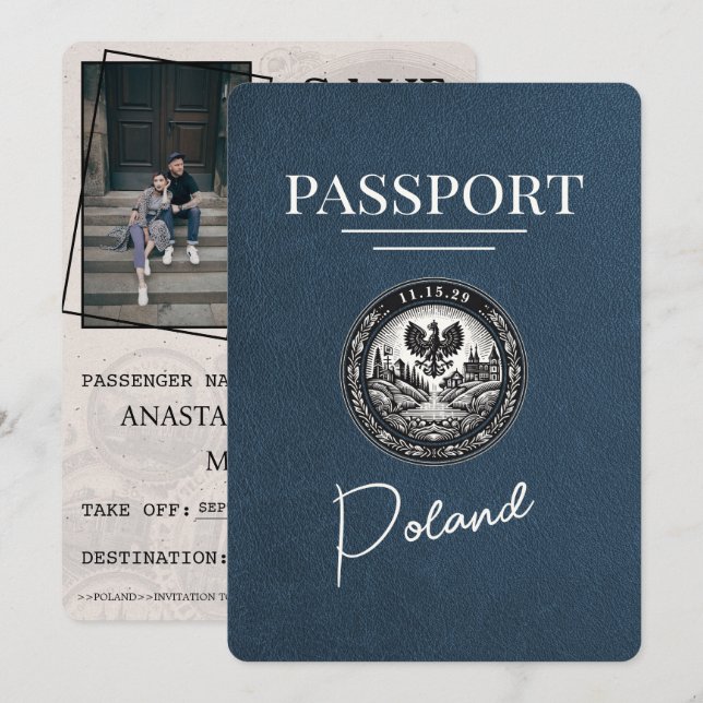 Navy Blue Poland Passport Save The Date (Front/Back)