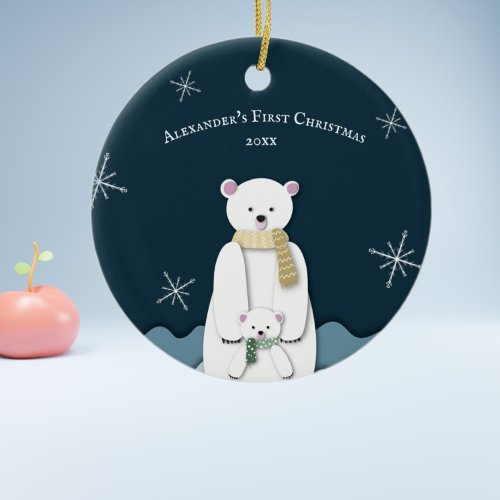 Navy Blue Polar Bear Mom with Baby First Christmas Ceramic Ornament