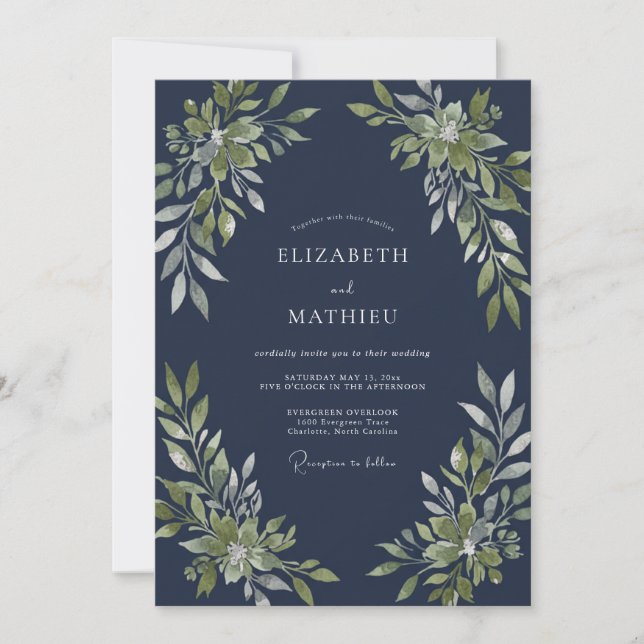 Navy Blue Polished Woodland Wedding Invitation (Front)