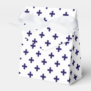 Navy blue polka crosses on white favor boxes