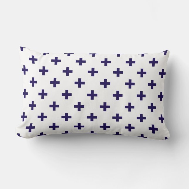 Navy blue polka crosses on white lumbar pillow (Front)