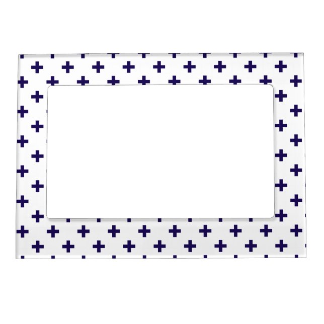 Navy blue polka crosses on white magnetic frame (Front)