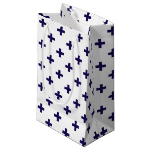 Navy blue polka crosses on white small gift bag