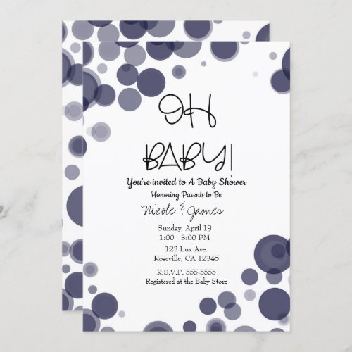 Navy Blue Polka Dot Bubbles OH BABY Shower Invitation