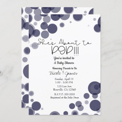 Navy Blue Polka Dot Bubbles Shes About to POP Invitation