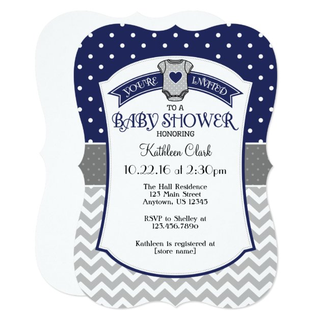 Navy Blue Polka Dot Chevron Baby Shower Invite