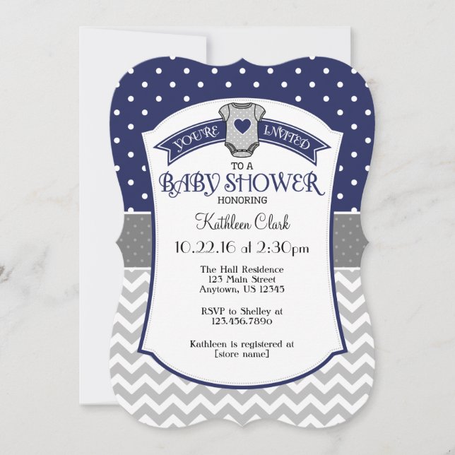 Navy Blue Polka Dot Chevron Baby Shower Invite (Front)