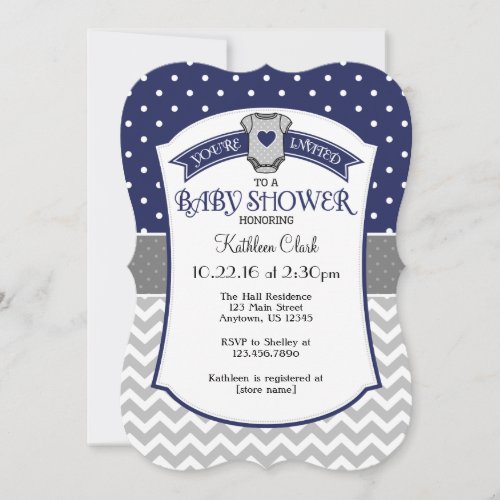 Navy Blue Polka Dot Chevron Baby Shower Invite