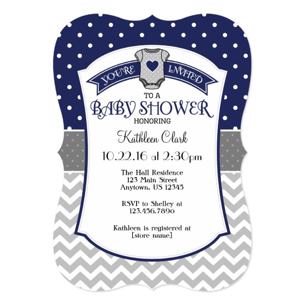Navy Blue Polka Dot Chevron Baby Shower Invite