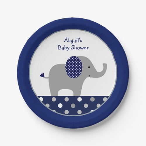Navy Blue Polka Dot Elephant Baby Shower Paper Plates