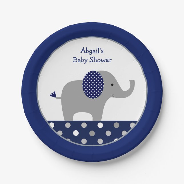 Navy Blue Polka Dot Elephant Baby Shower Paper Plates (Front)