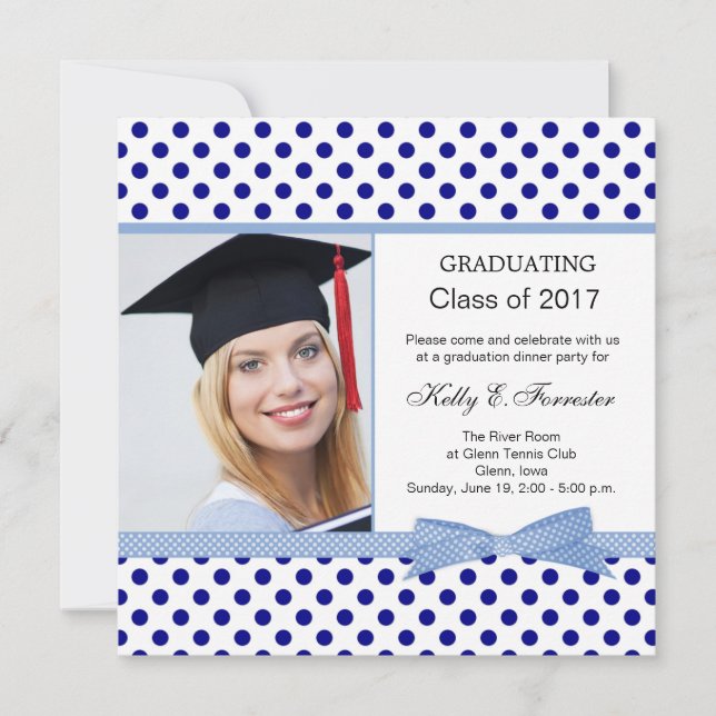 Navy blue polka dot Graduation Party Invitation (Front)
