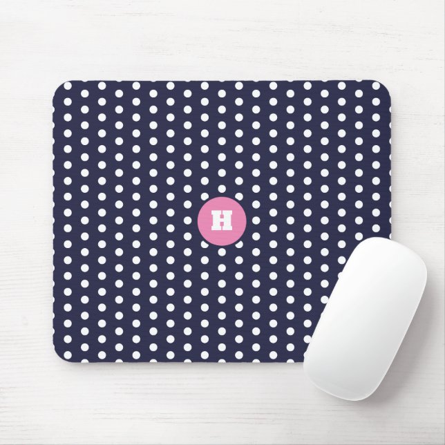 Navy Blue Polka Dot Monogram Mouse Pad (With Mouse)
