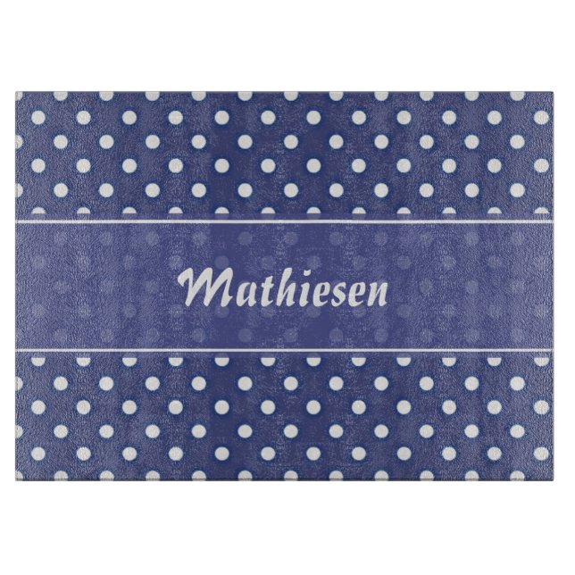 Navy Blue Polka Dot Personalized Cutting Board (Front)