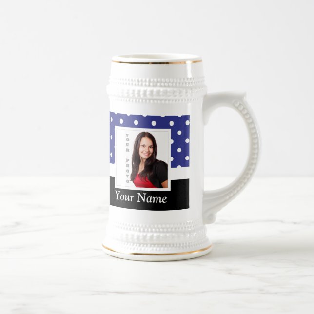 Navy blue polka dot photo template beer stein (Right)