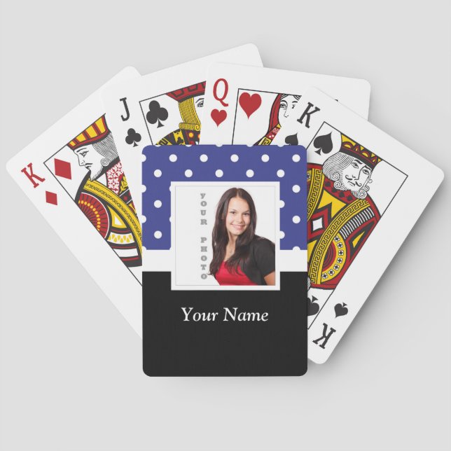 Navy blue polka dot photo template poker cards (Back)